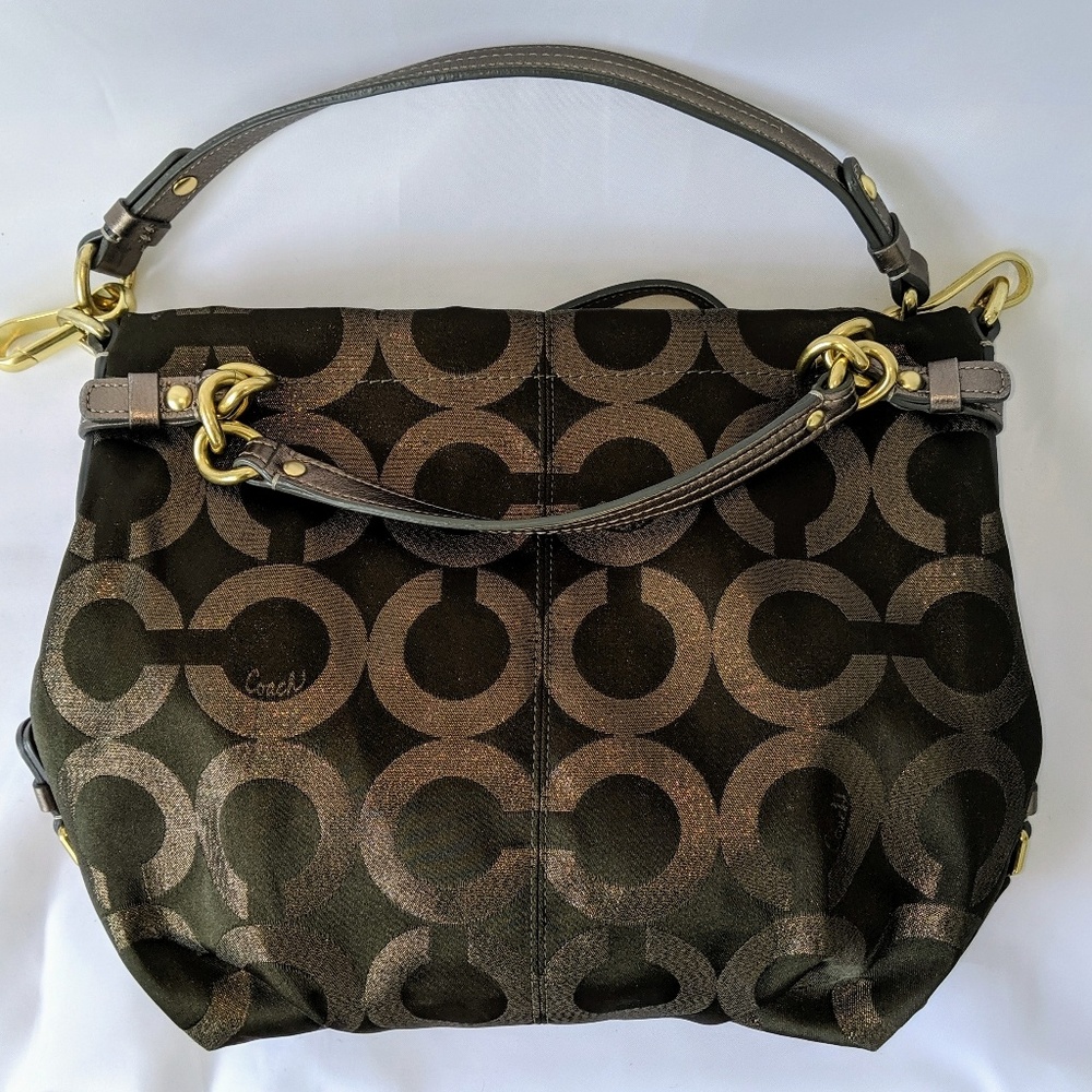 Coach fabric signature bronze slouchy satchel bag